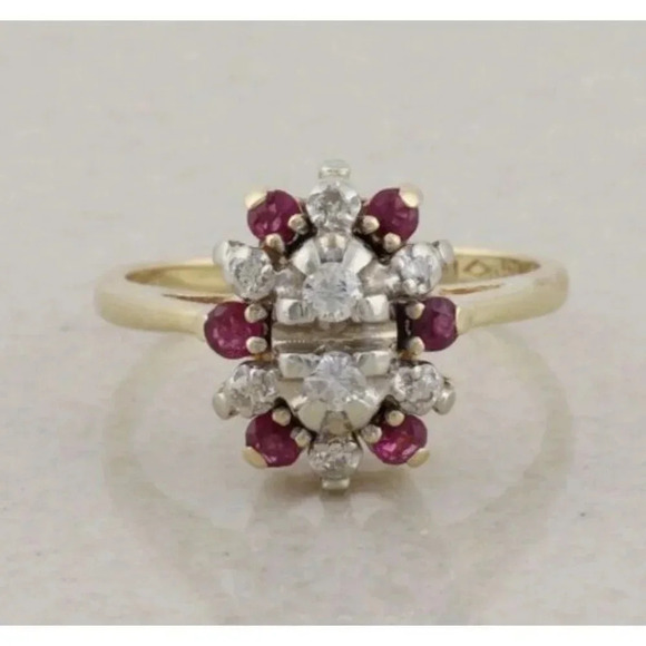 14k Yellow Gold & White Gold Natural Diamond and Ruby Ring Size 5 - Picture 6 of 9
